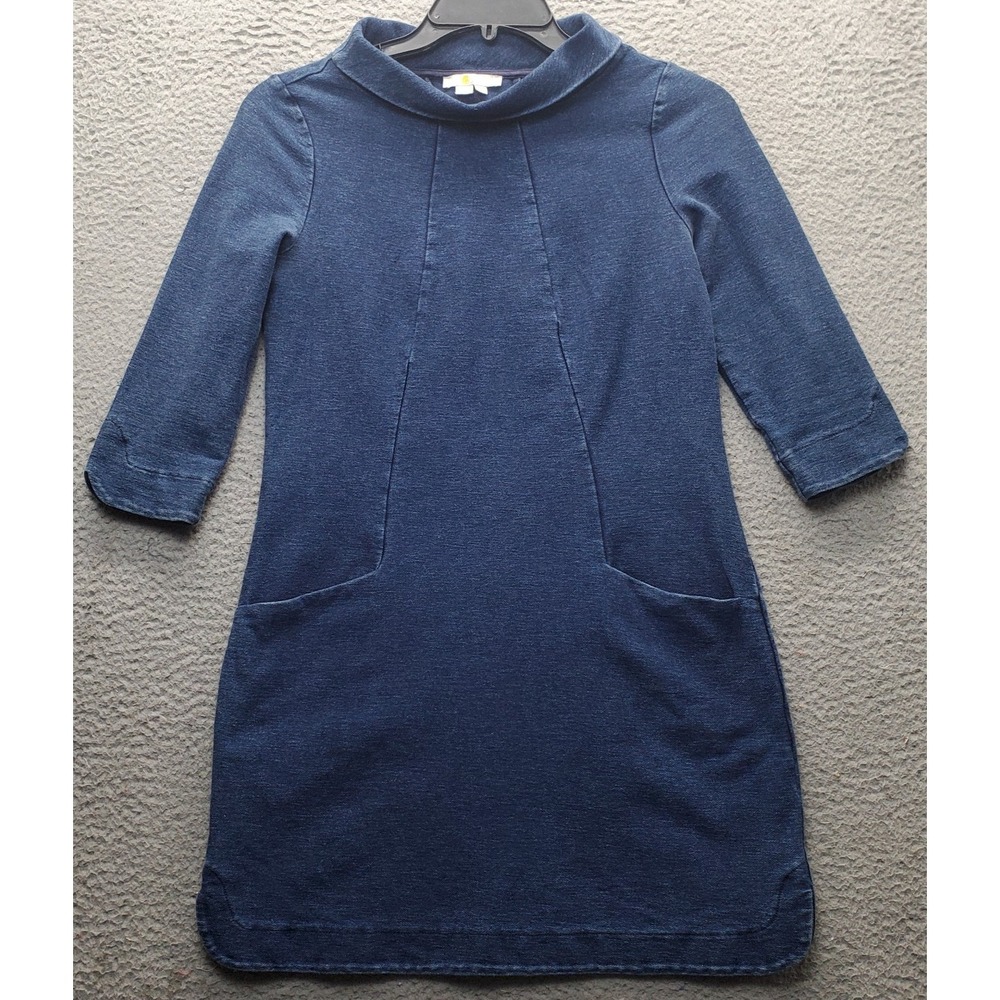 Boden Sheath Dress Womens 6R Blue Denim 3/4 Sleeve Slit Turtleneck Medium Wash